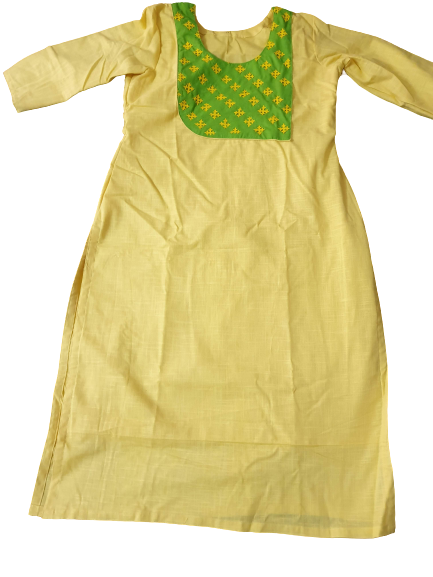 Lemon Yellow Cotton Kurti with Patch Work